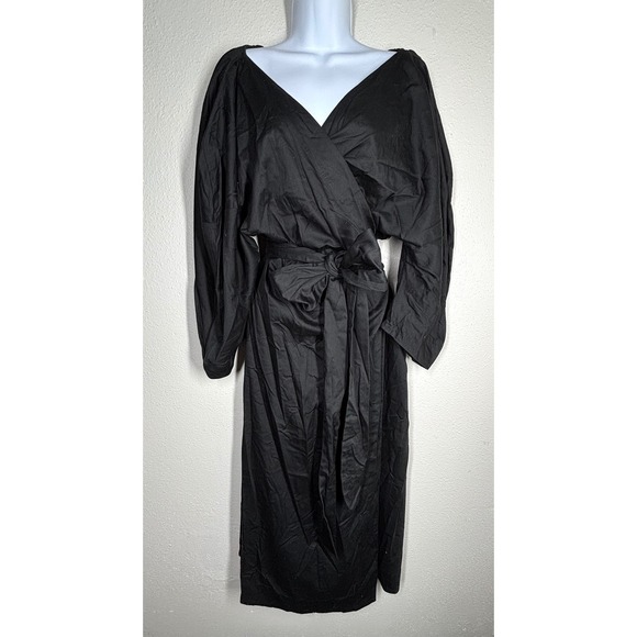 Mara Hoffman Black Wrap Midi Dress Long Sleeve Tie Waist Organic Cotton 3X $595